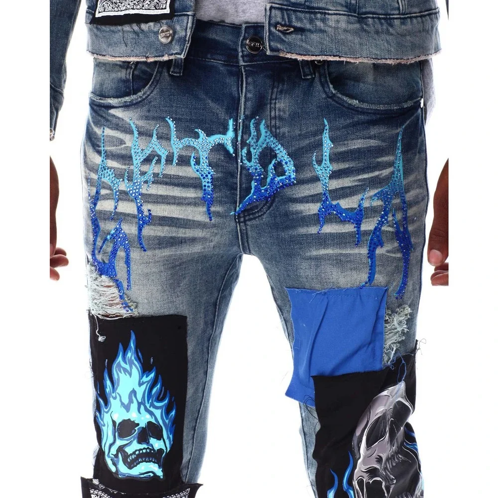GFTD LA Los Angeles Men's Skinny Fit Panel Patch Fire Skull Distressed Rip Jeans - Picture 5 of 7